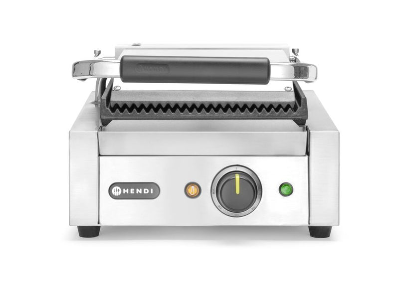HENDI Contact grill – single version, HENDI, ribbed top and bottom, 230V/1800W, 310x375x(H)216mm