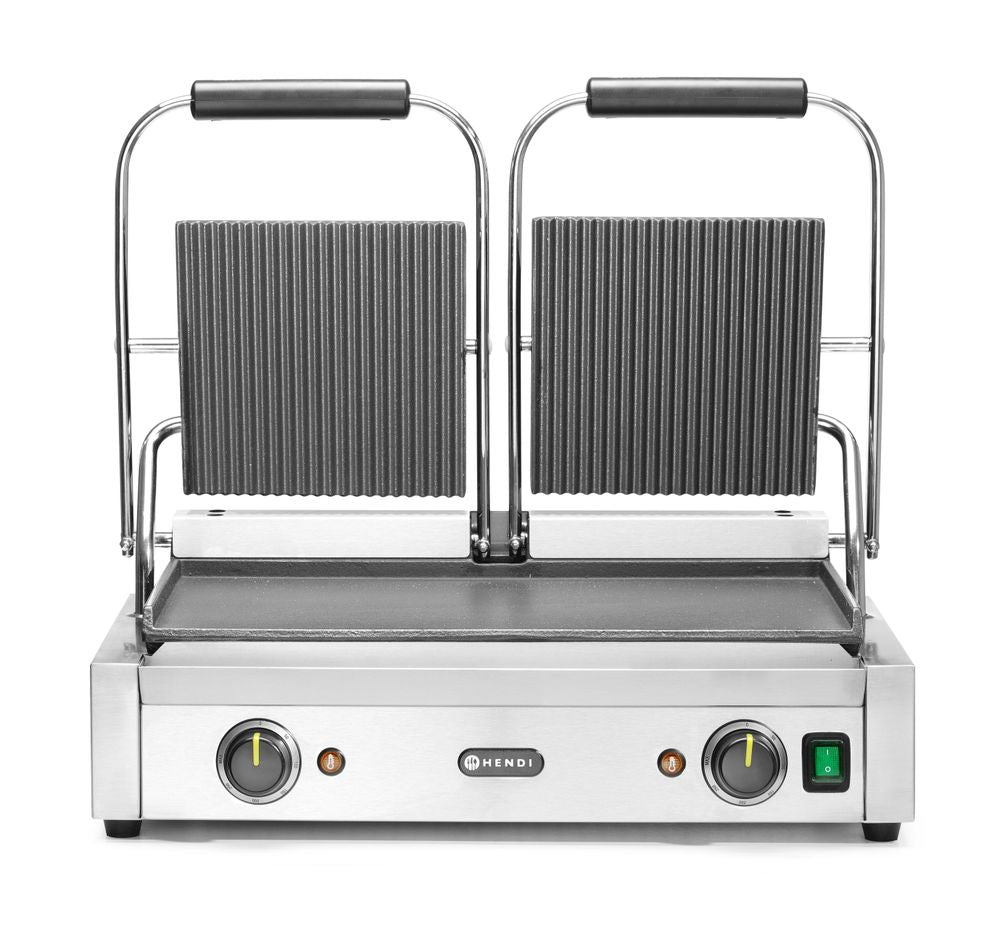 HENDI Contact grill - dubbel version, HENDI, ribbed top and smooth bottom, 230V/3600W, 570x375x(H)216mm