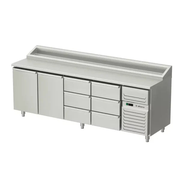 Allthermo Kallskänksbänk med 2 dörrar och 6 draglådor och standard kylränna – KHK2-240-A-6