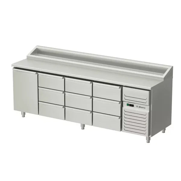 Allthermo Kallskänksbänk med 1 dörr och 9 draglådor och standard kylränna – KHK2-240-A-9