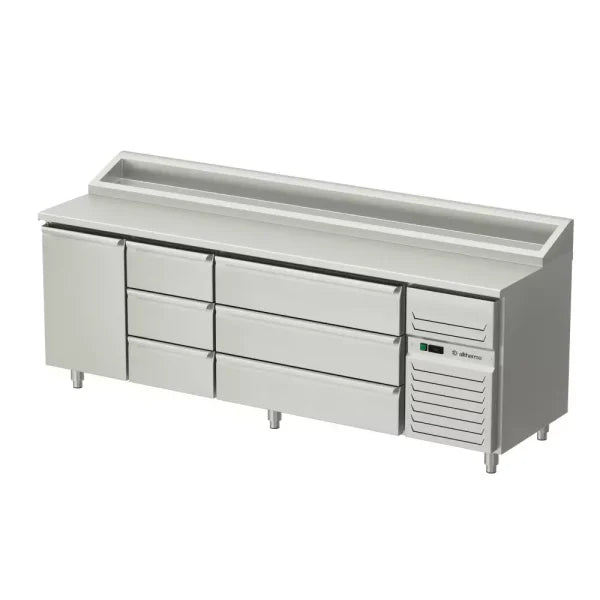 Allthermo Kallskänksbänk med1 dörr och 6 draglådor och standard kylränna – KHK2-240-A-3